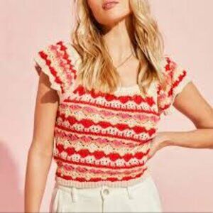 Blu Pepper Size Medium Cotton Knit Flutter Sleeve Top Pink, Red, Cream
